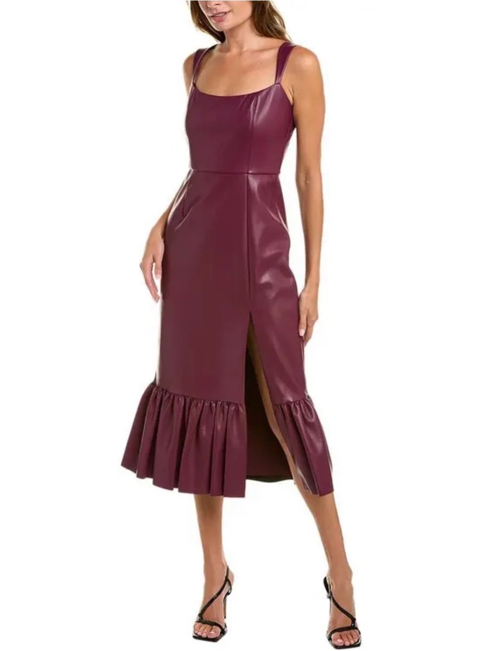 Sachin + Babi Burgundy Faux Leather Midi Dress with Ruffle Hem Size 6